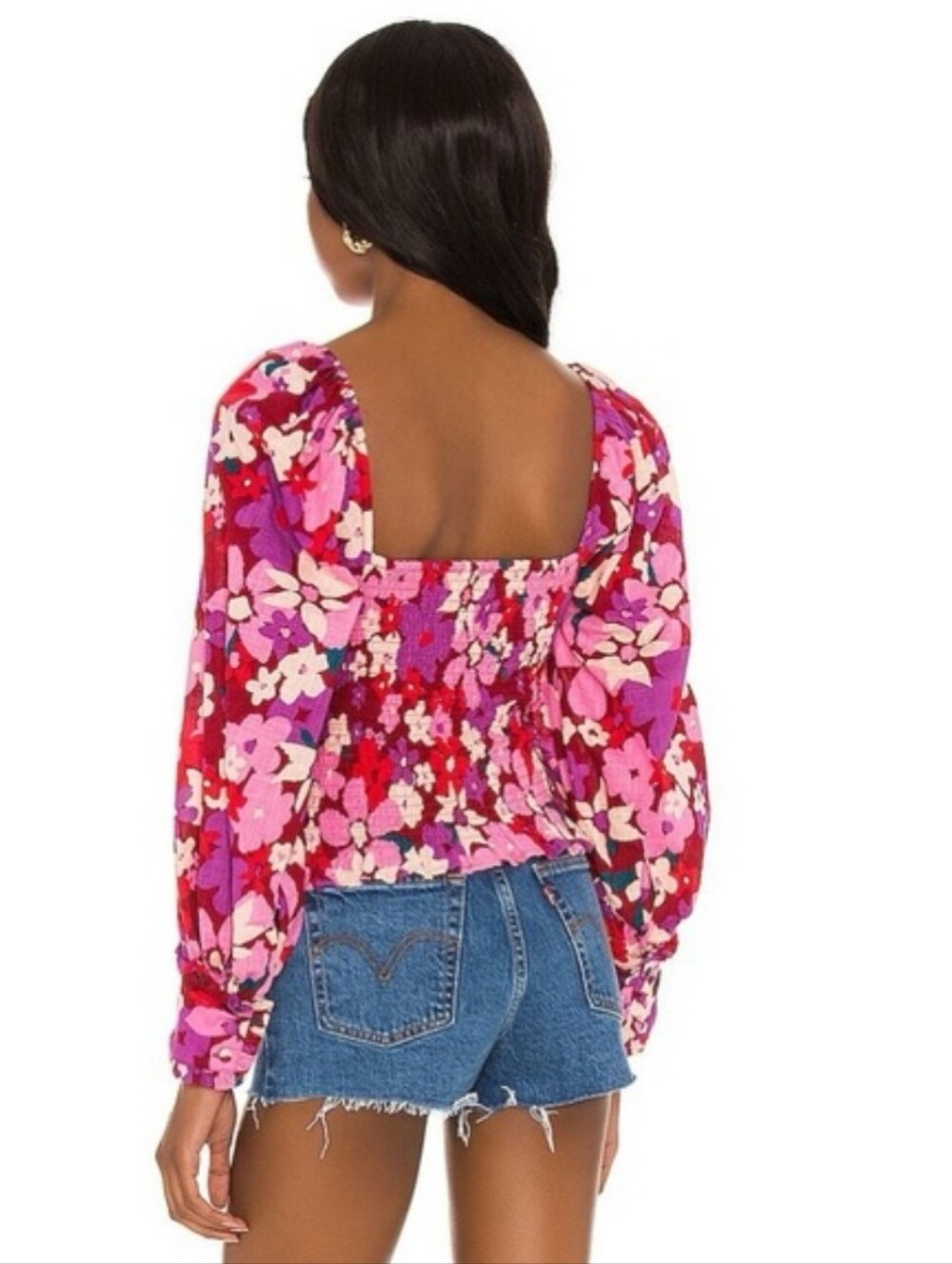 Free People Womens Pink Multi Floral Square Neck Smocked Bodice Blouse Sz. M - Picture 2 of 9